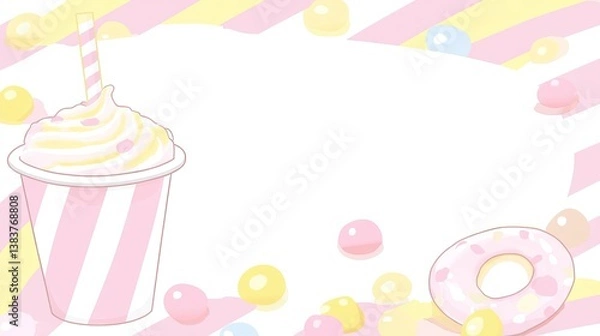 Fototapeta Sweet drink with donut on candy striped background, surrounded by candies