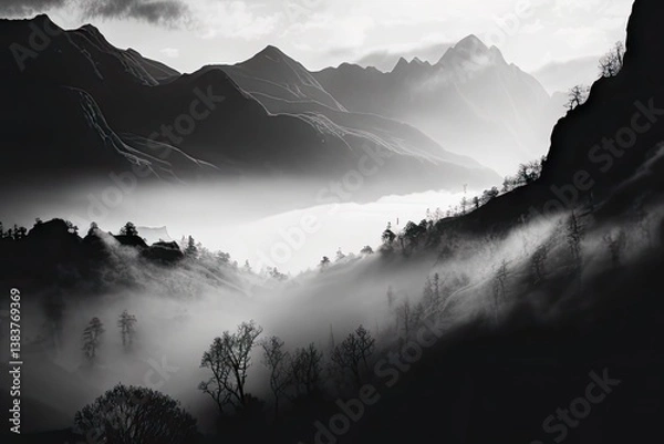 Fototapeta Misty valley Trees emerge from fog below towering mountains under sunlight, black and white