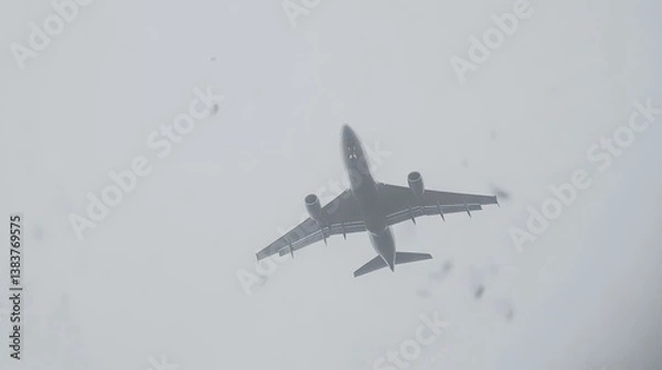 Fototapeta Plane ascending into overcast sky, bottom view. Jet flying through dense clouds and fog