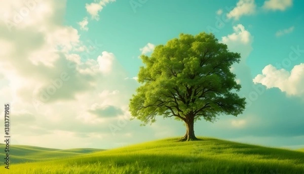 Obraz Green Tree Standing Tall On Rolling Hills Under A Cloudy Blue Sky Depicting Serenity And Natural Beauty