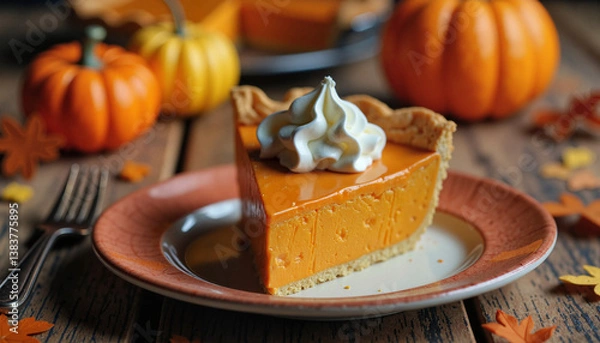 Fototapeta Delicious pumpkin pie slice with whipped cream on rustic table, Thanksgiving