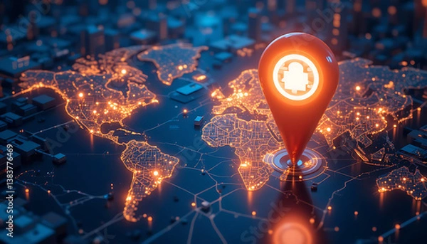 Fototapeta Futuristic Geolocation Map with AI Technology and Glowing Pin for Business Logistics

