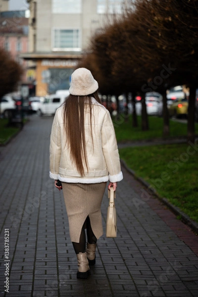 Fototapeta Elegant stroll through a tree-lined pathway as a woman embraces the charm of the city in cool weather, radiating style and grace during a late afternoon in autumn