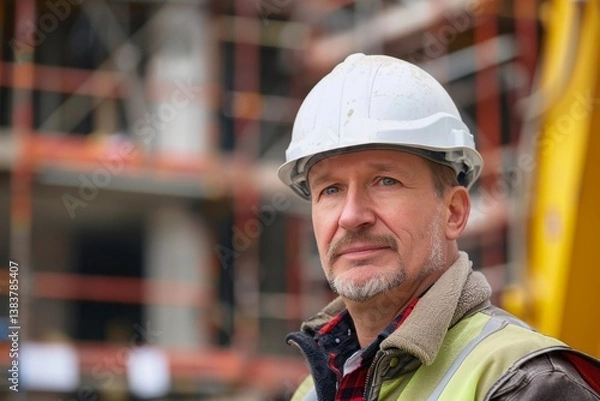 Fototapeta Portrait of a middle aged Caucasian male engineer on construction site