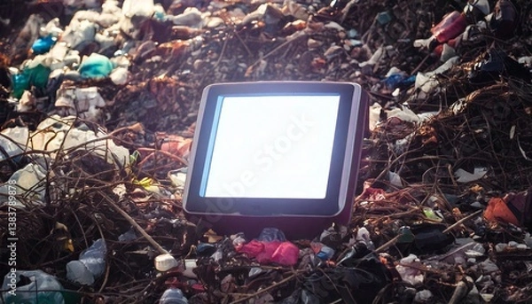 Fototapeta dispositivo eletrônico com tela em branco no meio do lixo