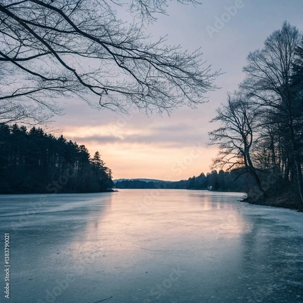 Fototapeta Frozen Lake at Sunset.