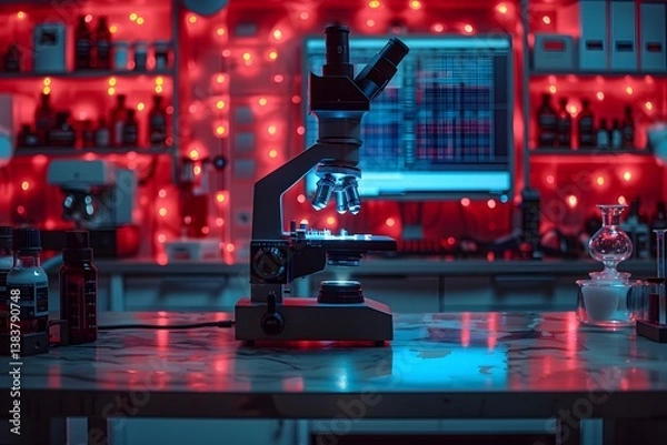 Fototapeta Examining Through Microscope in Illuminated Laboratory for Scientific Research