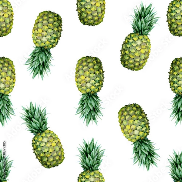 Obraz Seamless watercolor fruit illustration of pineapple. Pattern with tropic summertime motif may be used as background texture, wrapping paper, textile or wallpaper design. 
