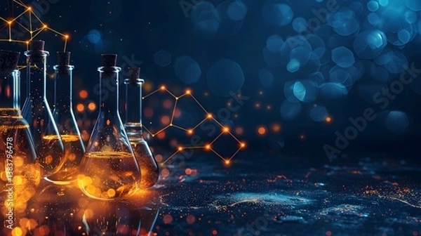 Fototapeta Flasks with Liquid and Glowing Molecule Structure for Science and Research