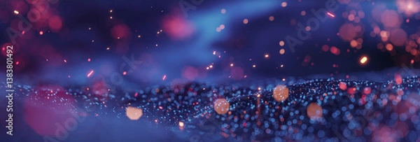 Fototapeta abstract blue hills with glowing blue grain and flying yellow particles. 3D Rendering