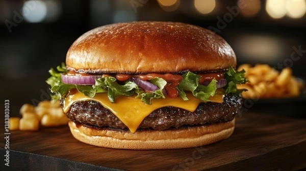 Fototapeta A juicy burger with melted cheese, fresh lettuce, and dripping sauce on a wooden board with soft bokeh lighting