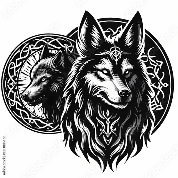 Fototapeta Celtic-inspired dual wolf heads with intricate knotwork in black and white.