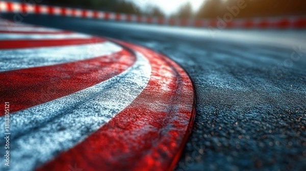 Fototapeta Close up view of a race track curb with red and white lines wet asphalt texture