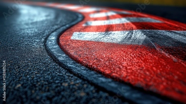 Fototapeta Close up view of a race track curb with red and white lines asphalt texture