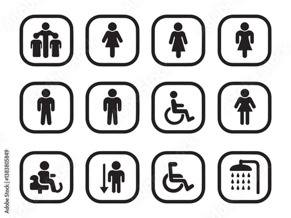 Obraz Collection of Black Toilet and Shower Symbols Icons with Rounded Square Shape on White