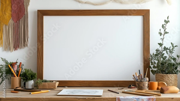 Fototapeta Wooden Frame, Plant, and Mirror Still Life