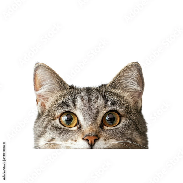Obraz Curious cat peeking over a white table against a clean background capturing adorable curiosity, Cat Peeking Over white top table White background