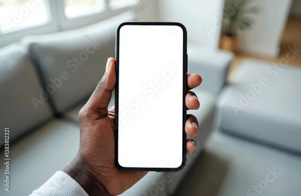 Fototapeta African american man holds smartphone mockup with blank white display for app ads. Mobile applications tech concept in modern home interior. Close-up view, focus on device.