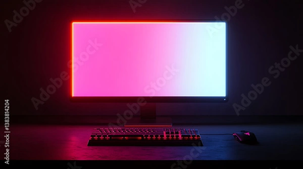 Fototapeta Dark luminous case of gaming pc with empty monitor, keyboard on the desk, neon light of gaming pc, desktop computer with blank screen, rgb lighting gaming rig