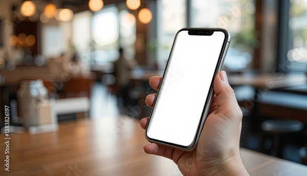 Fototapeta A hand holds a blank smartphone in a busy cafe setting. The interior features wooden furniture, soft lighting, and a relaxed atmosphere, perfect for casual meetings or socializing