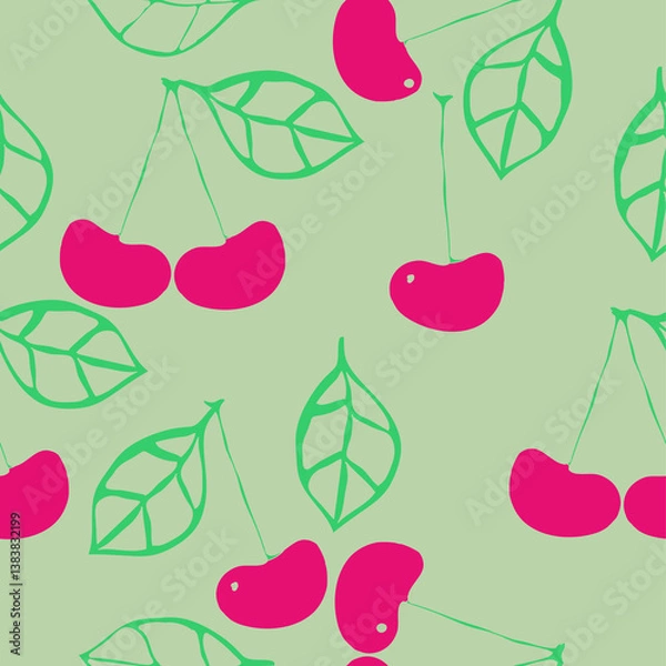Obraz Seamless doodle  colored cherry. Hand drawn.
