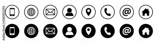 Fototapeta Set of black and white contact icons including phone, email, location, user, web, and home symbols. Ideal for websites, apps, business cards, and digital communication. Vector illustration. Icons.