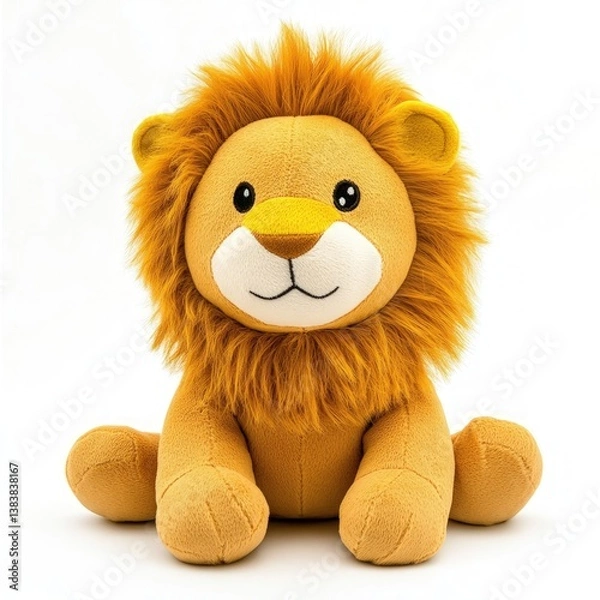 Fototapeta Soft plush lion with a golden mane on pure white background