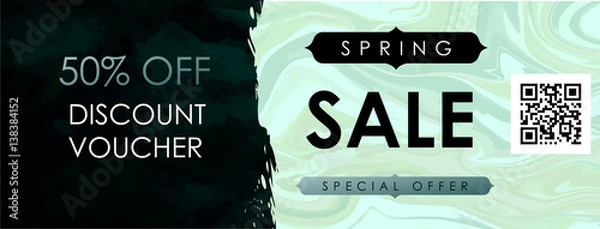 Obraz Gift certificate, Voucher, Coupon template with emerald velvet and natural green marble texture. Spring sale vector illustration.