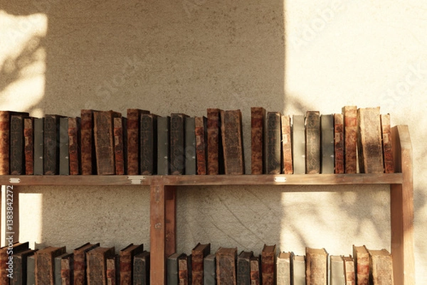 Fototapeta old bookshelf in front of clay walls illuminated by sunlight. 3D rendering
