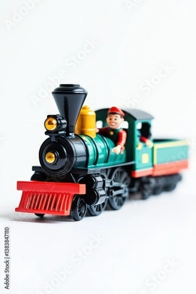 Fototapeta Toy train with a smiling conductor on pure white background
