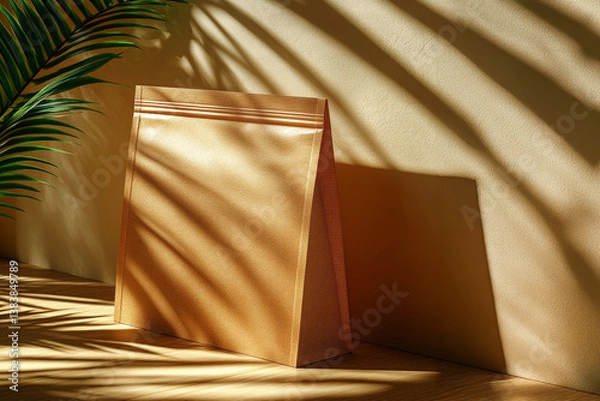 Fototapeta Craft Paper Stand-Up Pouch Displayed in Natural Sunlight with Palm Shadows
