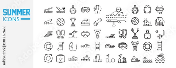 Fototapeta Flat Summer Icons Vector Set – Holiday Travel, Beach Activities, Tropical Fruits, Swimming Accessories, and Warm Weather Essentials in Minimal Style