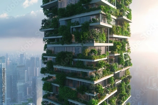 Fototapeta This photo showcases a remarkable highrise building characterized by its towering height and numerous windows Designing a green building using cloudbased VR technology .