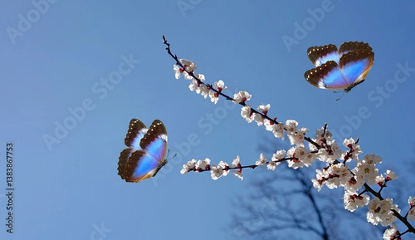 Fototapeta blossoming apricot. branch of blossoming apricot and bright blue morpho butterflies against blue sky 