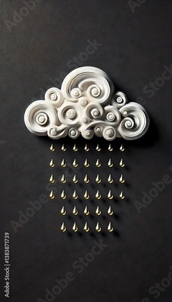 Fototapeta Golden Rain Falling from Swirled Marble Cloud in Surreal Weather Symbol
