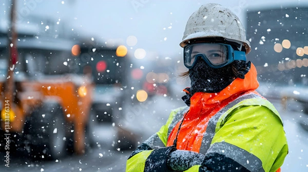 Obraz Woman In Winter Work Gear During Snowstorm