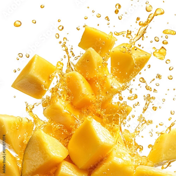 Fototapeta Pile of Juicy Mango Chunks with Splash of Juice Isolated on Transparent Background