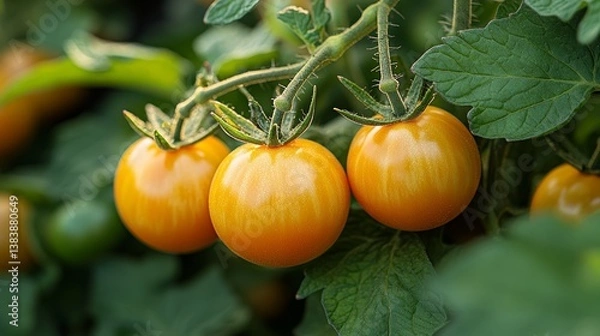 Fototapeta Ripe tomatoes growing on vines in a greenhouse with a sunlit, green-leaved background. 