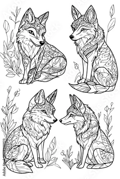 Fototapeta Collection of Coyotes coloring book vectors, Coyotes illustration art