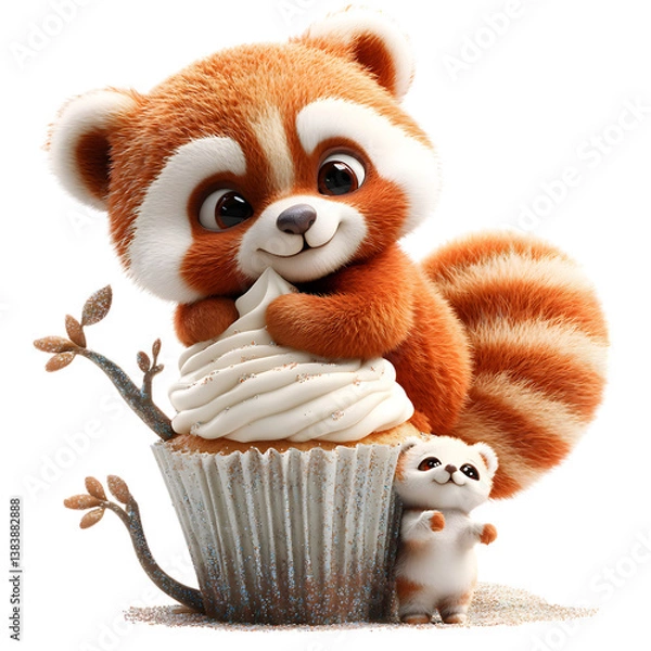 Obraz Fluffy 3D Cartoon Red Panda Holding a Cupcake Isolated on Transparent Background