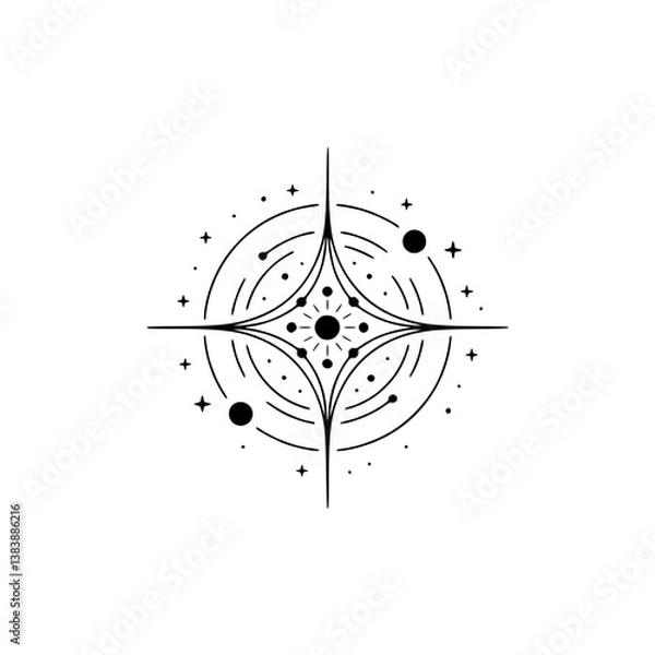 Fototapeta Minimalist Celestial Logo: Compass Rose with Stars & Circles