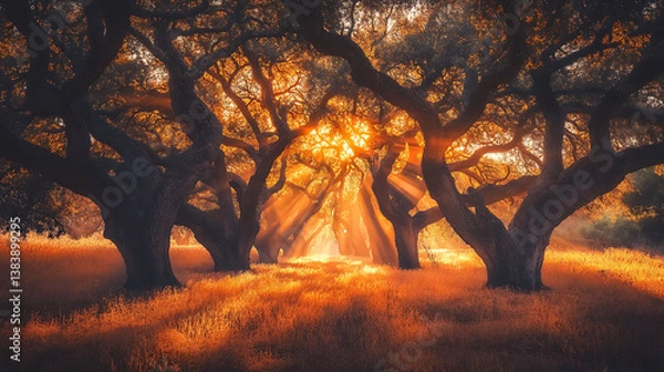 Fototapeta Morning sunlight shines golden through the dense oak forest, creating a peaceful dawn scene 
