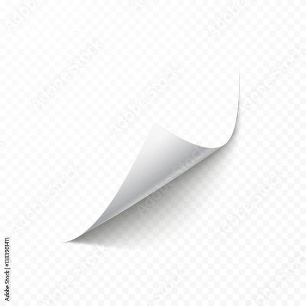 Fototapeta Curled page corner isolated on transparent background. Blank curve paper edge, bent sheet, note angle with realistic shadow. Vector rolled up sticker, peel banner
