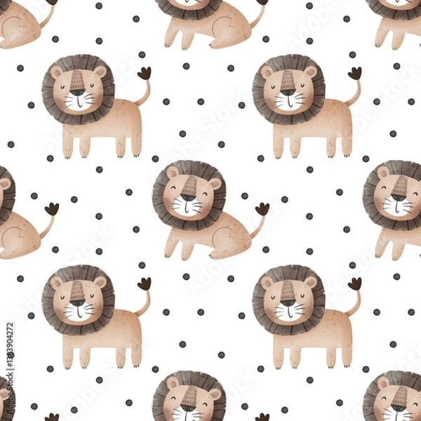 Obraz Seamless pattern with cartoon lion, decor elements. colorful illustration for kids. hand drawing, flat style. baby design for fabric, print, textile, wrapper