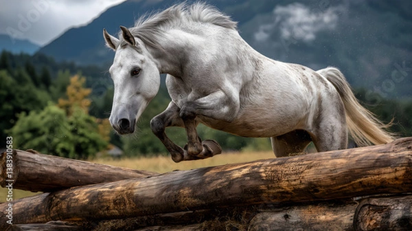 Obraz A white wild horse jumps a hurdle in the wild during stormy weather