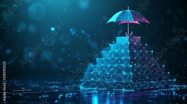 Obraz Hexagons made pyramid with umbrella icon on top, ai assistant, insurance system, artificial agent, digital technology, ai integration, futuristic service
