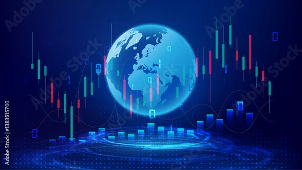 Fototapeta Trading technology concept for financial market or exchange business. Blue gradient background with digital globe, candlestick chart, stock market trading graph futuristic style vector illustration.