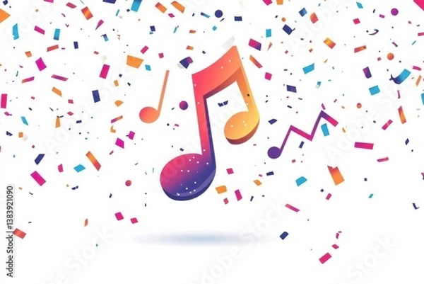 Fototapeta Festival-themed logo design featuring music note and vibrant confetti for a joyful event celebration