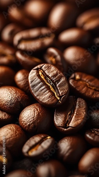 Obraz Close-Up of Glossy Roasted Coffee Beans with Rich Brown Color and Texture

