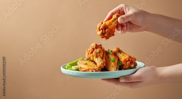 Obraz Buffalo chicken wings on plate with celery held by hands